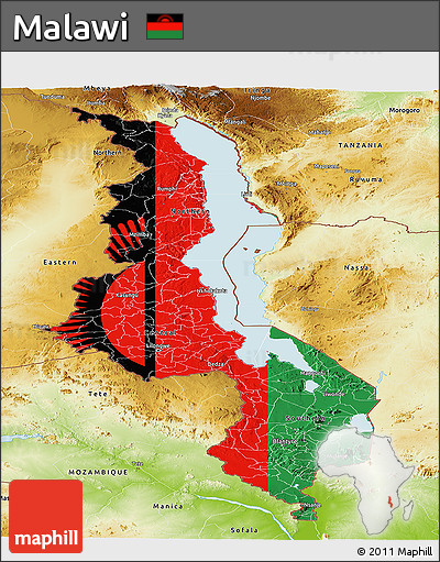 Flag Panoramic Map of Malawi, physical outside, flag rotated