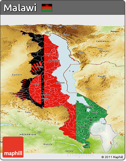 Flag Panoramic Map of Malawi, physical outside, flag rotated