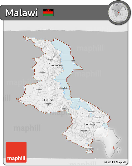 Gray Panoramic Map of Malawi, single color outside