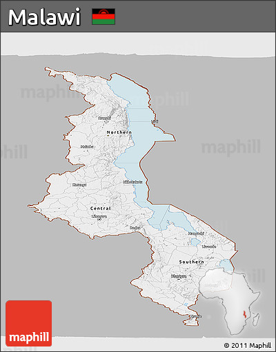 Gray Panoramic Map of Malawi, single color outside