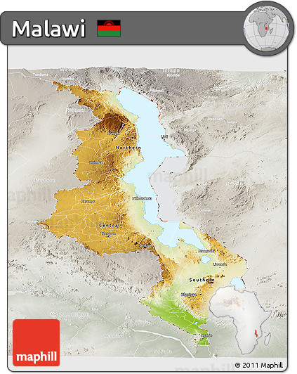 Physical Panoramic Map of Malawi, lighten, semi-desaturated