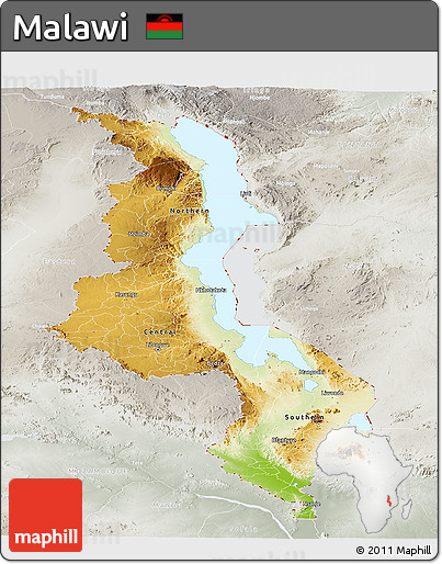 Physical Panoramic Map of Malawi, lighten, semi-desaturated
