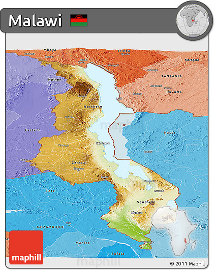 Physical Panoramic Map of Malawi, political shades outside