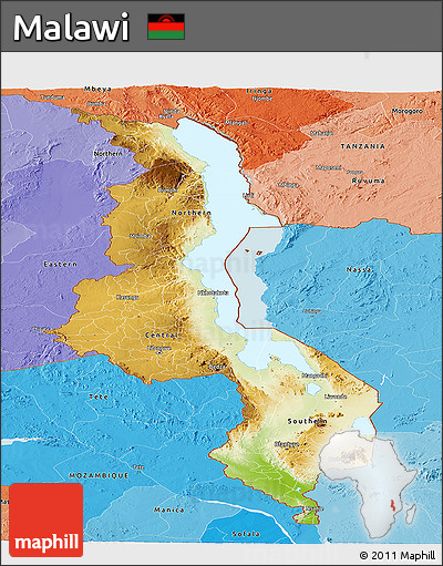 Physical Panoramic Map of Malawi, political shades outside