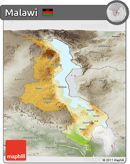 Physical Panoramic Map of Malawi, semi-desaturated