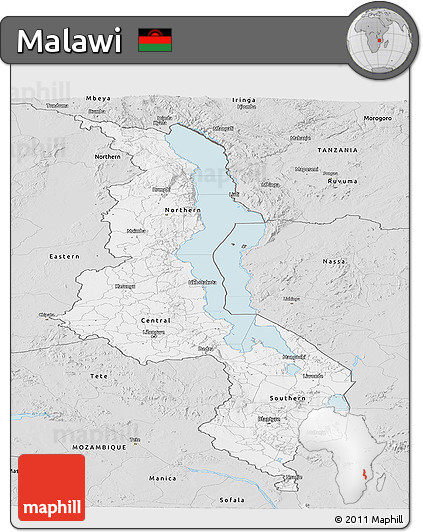 Silver Style Panoramic Map of Malawi