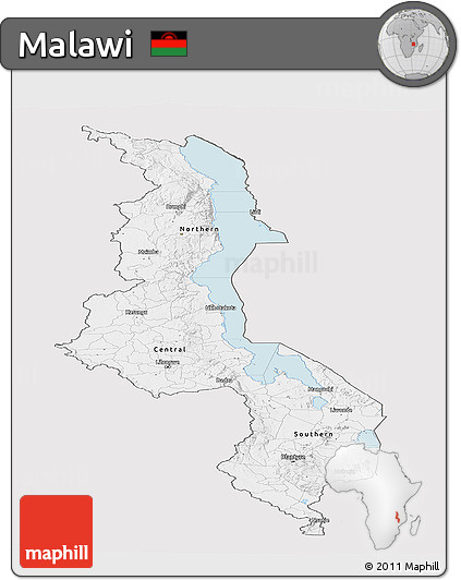 Silver Style Panoramic Map of Malawi, single color outside