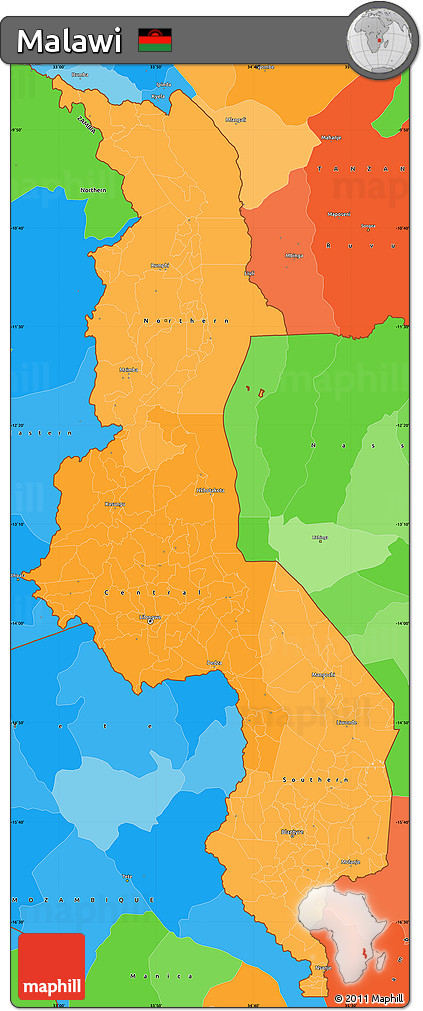 Political Shades Simple Map of Malawi, political outside