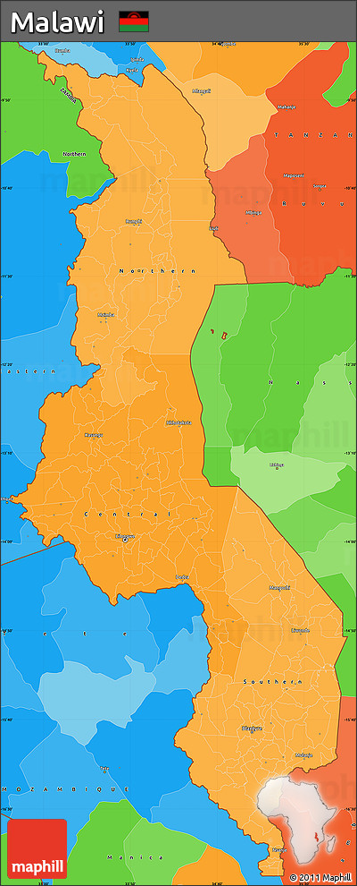 Political Shades Simple Map of Malawi, political outside