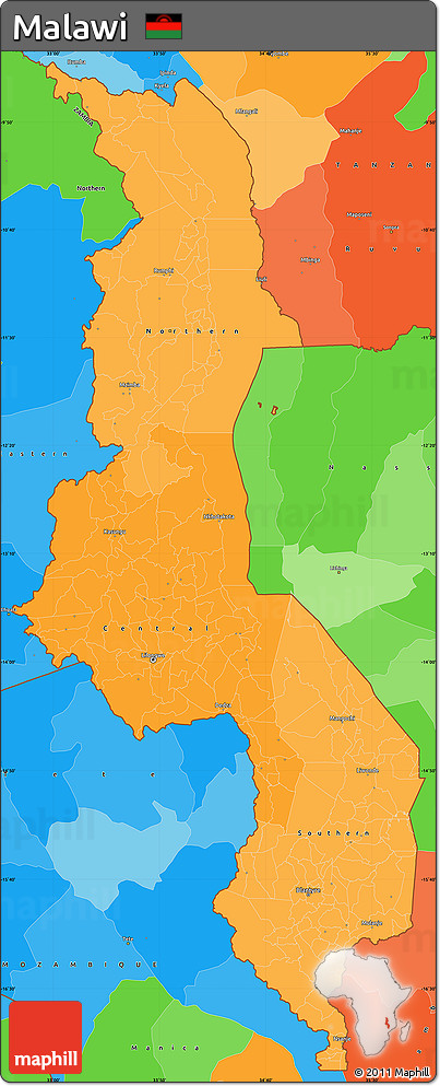 Political Shades Simple Map of Malawi, political outside
