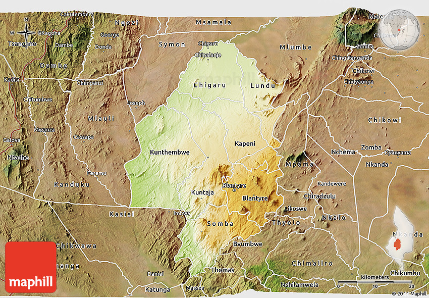 Physical 3D Map of Blantyre, satellite outside