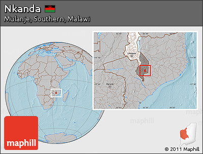 Gray Location Map of Nkanda, highlighted country, highlighted grandparent region, hill shading