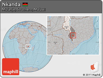 Gray Location Map of Nkanda, highlighted country, highlighted grandparent region, hill shading