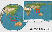 Satellite Location Map of Malaysia, within the entire continent