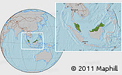 Satellite Location Map of Malaysia, gray outside, hill shading