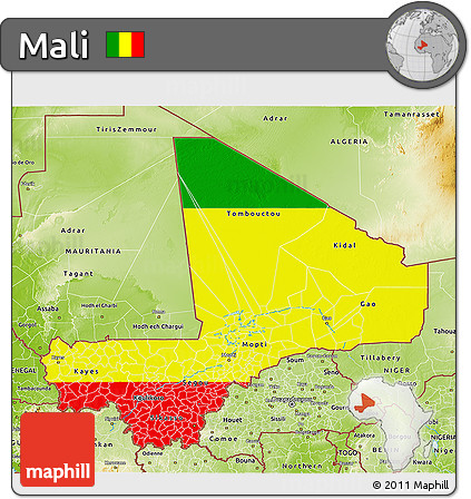 Flag 3D Map of Mali, physical outside, flag aligned to the middle