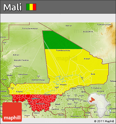 Flag 3D Map of Mali, physical outside, flag aligned to the middle