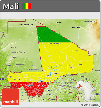 Flag 3D Map of Mali, physical outside, flag aligned to the middle