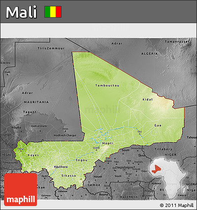 Physical 3D Map of Mali, darken, desaturated