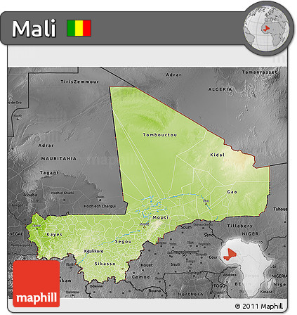 Physical 3D Map of Mali, darken, desaturated