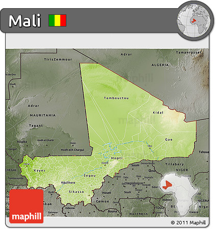Physical 3D Map of Mali, darken, semi-desaturated