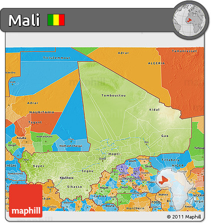 Physical 3D Map of Mali, political outside