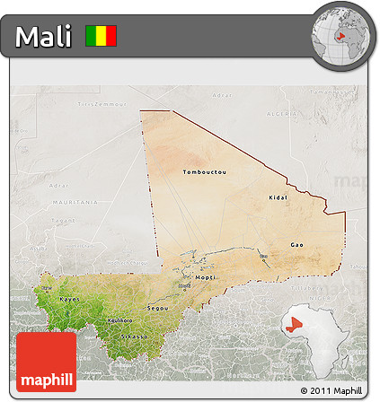 Satellite 3D Map of Mali, lighten, semi-desaturated