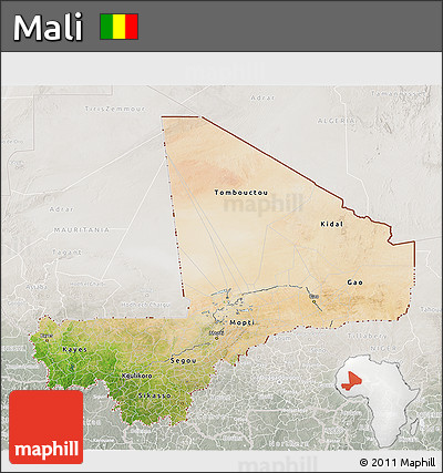 Satellite 3D Map of Mali, lighten, semi-desaturated