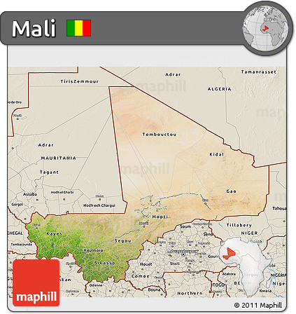 Satellite 3D Map of Mali, shaded relief outside