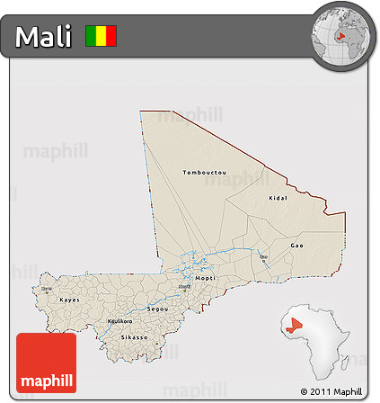 Shaded Relief 3D Map of Mali, cropped outside