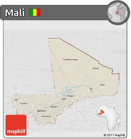 Shaded Relief 3D Map of Mali, lighten, desaturated