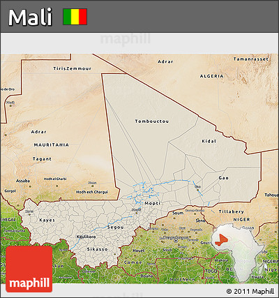 Shaded Relief 3D Map of Mali, satellite outside