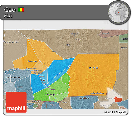 Political 3D Map of Gao, semi-desaturated