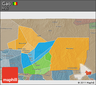 Political 3D Map of Gao, semi-desaturated