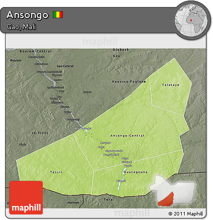 Physical 3D Map of Ansongo, darken, semi-desaturated