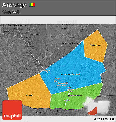 Political 3D Map of Ansongo, darken, desaturated