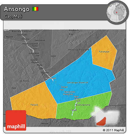 Political 3D Map of Ansongo, darken, desaturated
