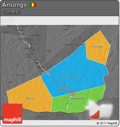 Political 3D Map of Ansongo, darken, desaturated
