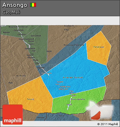Political 3D Map of Ansongo, darken, semi-desaturated