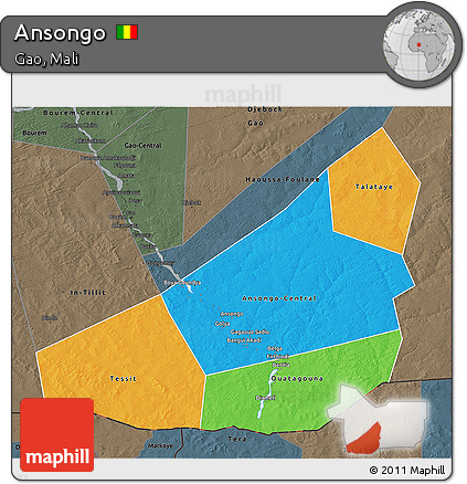 Political 3D Map of Ansongo, darken, semi-desaturated