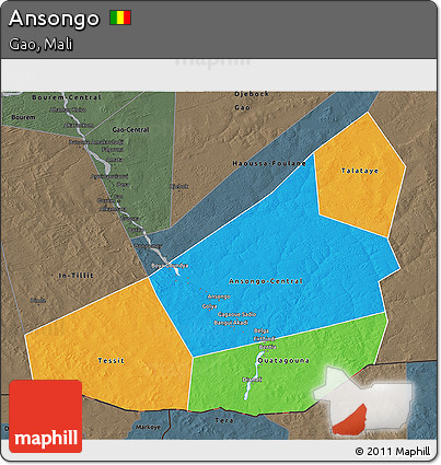 Political 3D Map of Ansongo, darken, semi-desaturated