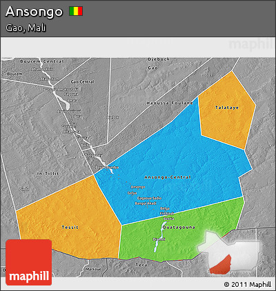 Political 3D Map of Ansongo, desaturated