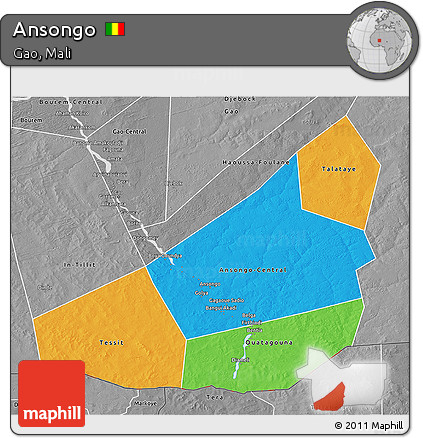 Political 3D Map of Ansongo, desaturated