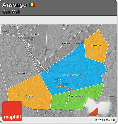 Political 3D Map of Ansongo, desaturated