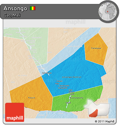Political 3D Map of Ansongo, lighten