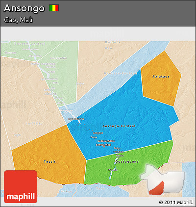 Political 3D Map of Ansongo, lighten
