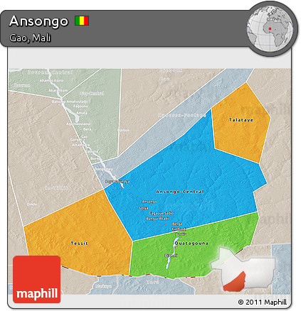 Political 3D Map of Ansongo, lighten, semi-desaturated
