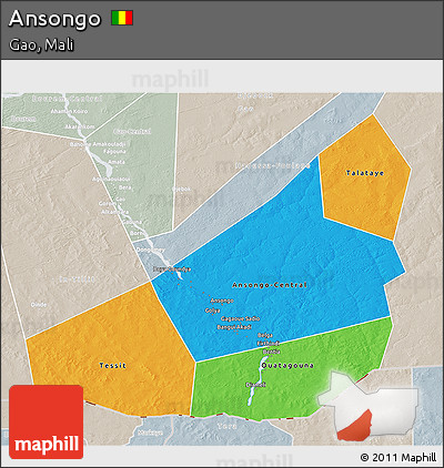 Political 3D Map of Ansongo, lighten, semi-desaturated