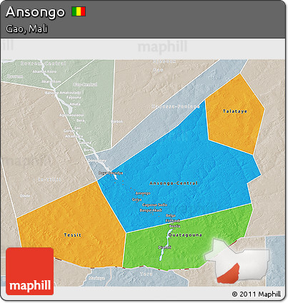 Political 3D Map of Ansongo, lighten, semi-desaturated