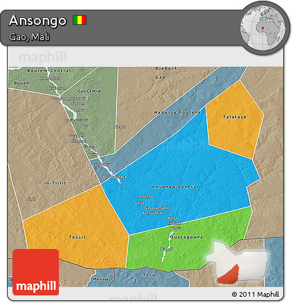 Political 3D Map of Ansongo, semi-desaturated